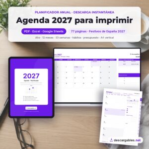 Agenda 2027 para imprimir de descargables.net en tablet, portátil y papel: PDF, Excel y Google Sheets, 77 páginas con festivos de España
