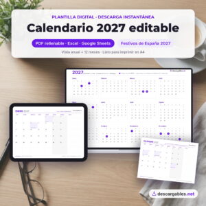 Calendario 2027 editable en portátil, tablet y papel — PDF rellenable, Excel y Google Sheets
