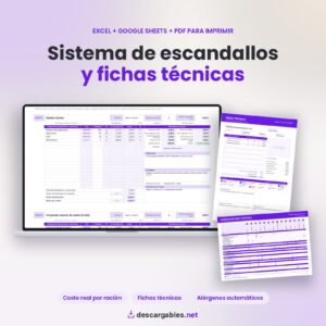 Sistema de escandallos y fichas técnicas en Excel y Google Sheets, con ficha técnica A4 y tabla de alérgenos