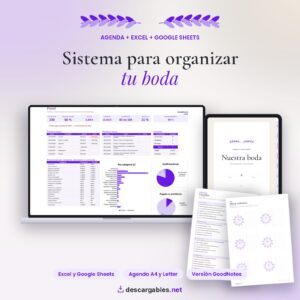 Sistema para organizar tu boda: organizador en Excel y Google Sheets en un portátil, agenda de boda en iPad y páginas impresas