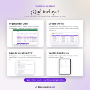 Qué incluye el sistema para organizar tu boda: organizador Excel, Google Sheets, agenda para imprimir de 36 páginas y versión GoodNotes