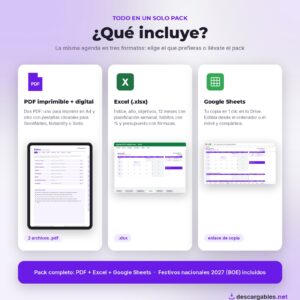 Qué incluye la Agenda 2027: PDF imprimible y digital, Excel y Google Sheets