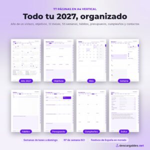 Las 77 páginas de la Agenda 2027: año de un vistazo, objetivos, meses, semanas, hábitos, presupuesto, cumpleaños e índice