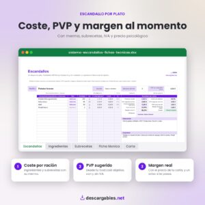 Escandallo de un plato en Excel con coste por ración, PVP sugerido, precio psicológico y margen