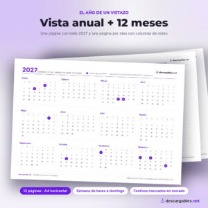 Vista anual 2027 y 12 páginas mensuales en A4