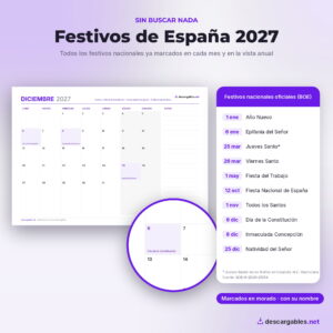 Festivos nacionales de España 2027 marcados (BOE)