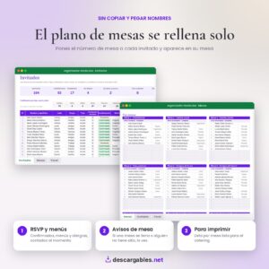 Plano de mesas de boda automático en Excel: los invitados aparecen en su mesa según la lista de invitados con RSVP, menú y alergias