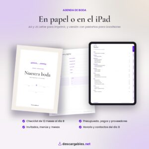 Agenda de boda para imprimir en A4 y US Letter y versión digital para iPad con pestañas