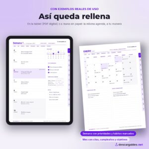 Agenda 2027 rellena con ejemplos: semana en la tablet y mes de enero escrito a mano en papel