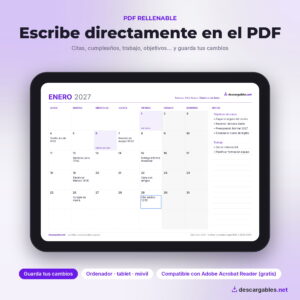 PDF rellenable del calendario 2027 con citas escritas en una tablet