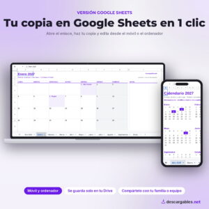 Calendario 2027 en Google Sheets en ordenador y móvil