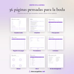 Páginas de la agenda de boda: nuestra boda, checklist, presupuesto, registro de pagos, proveedores, invitados, mesas, día B y kit de emergencia