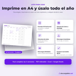 Calendario 2027 para imprimir en A4: características del pack