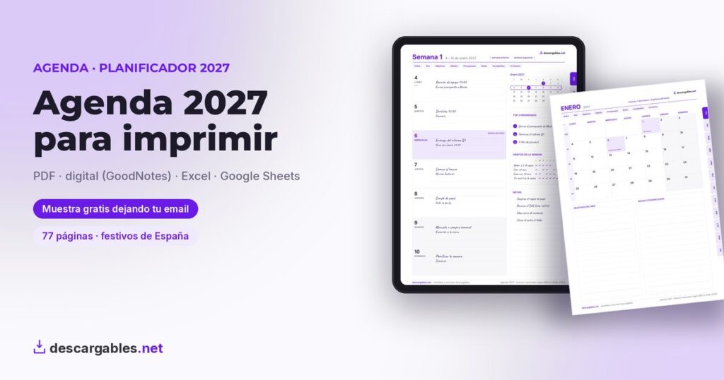 Agenda 2027 para imprimir: PDF, digital para GoodNotes, Excel y Google Sheets, con muestra gratis