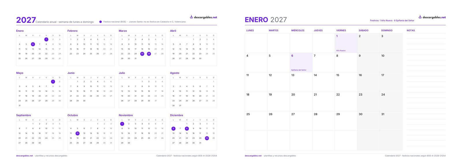 Calendario 2027 para imprimir en A4 horizontal: vista anual con los festivos nacionales en morado y página del mes de enero con columna de notas, con la marca descargables.net