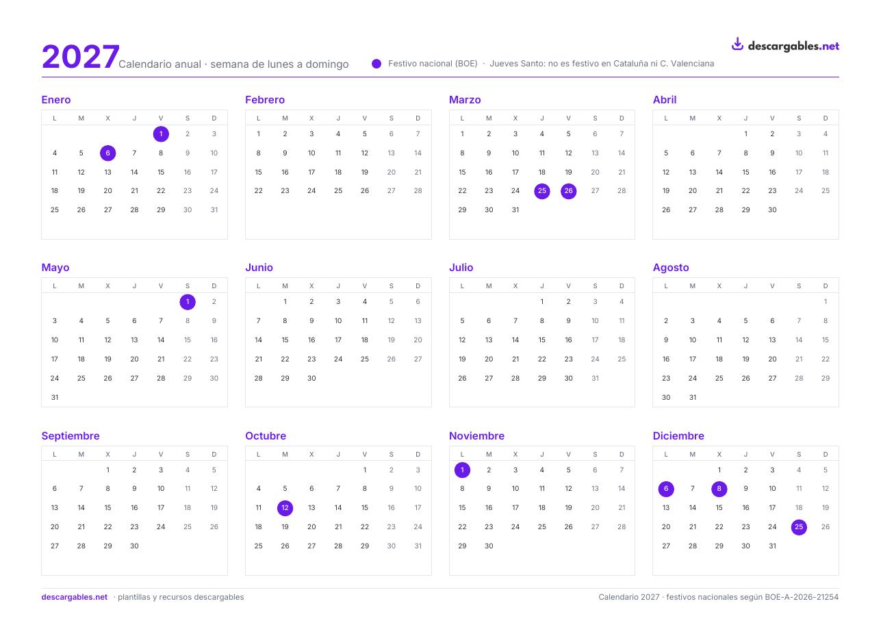 Calendario 2027 para imprimir con festivos de España