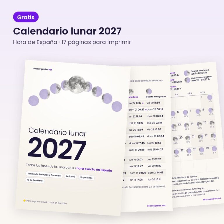 Calendario lunar 2027 gratis para imprimir en PDF, con las fases en hora de España