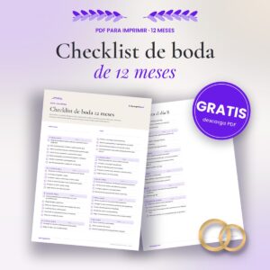 Checklist de boda de 12 meses gratis en PDF para imprimir: páginas impresas con las tareas mes a mes y sello GRATIS