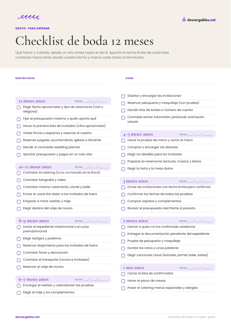Portada del Checklist de boda 12 meses de descargables.net, PDF gratis