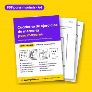 Portada del cuaderno de ejercicios de memoria para mayores en letra grande, con una sopa de letras y un laberinto detrás
