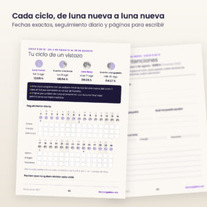 Diario lunar 2027: página «Tu ciclo de un vistazo» con las cuatro fases y seguimiento diario