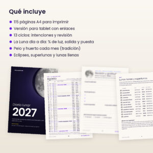 Qué incluye el Diario lunar 2027: 115 páginas, 13 ciclos, la Luna día a día, eclipses y superlunas