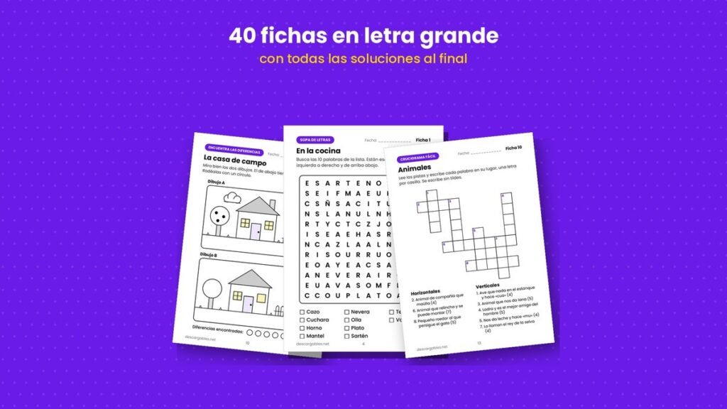 Ejercicios de memoria para mayores: 40 fichas en letra grande con soluciones (diferencias, sopa de letras y crucigrama fácil)