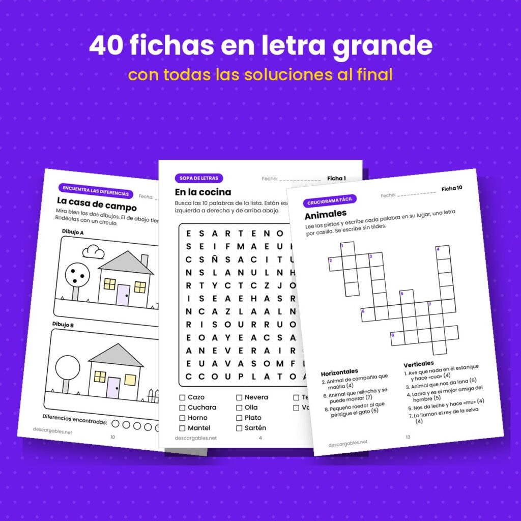 Tres fichas de ejercicios de memoria para mayores en letra grande: encuentra las diferencias, sopa de letras y crucigrama fácil