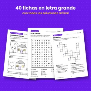 Tres fichas de ejercicios de memoria para mayores en letra grande: encuentra las diferencias, sopa de letras y crucigrama fácil