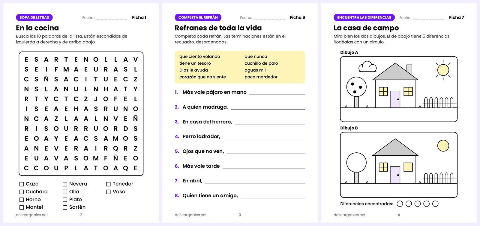 Muestra gratis de ejercicios de memoria para mayores en PDF: sopa de letras, refranes y encuentra las diferencias en letra grande