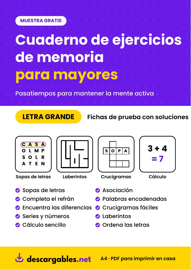 Muestra gratis de 3 fichas de ejercicios de memoria para mayores en PDF