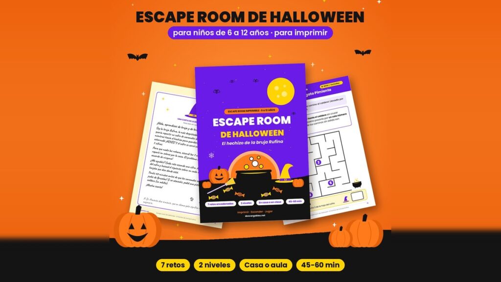 Escape room de Halloween para niños para imprimir: portada del PDF con la bruja Rufina, retos y pistas