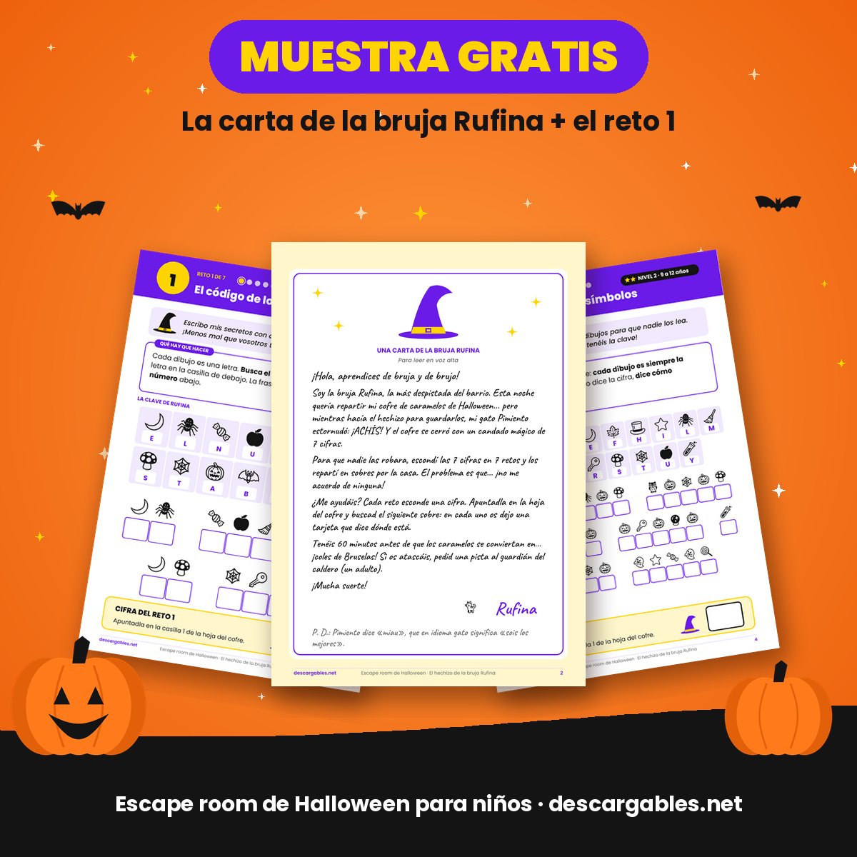 Muestra gratis del escape room de Halloween para niños: carta de la bruja Rufina y reto 1