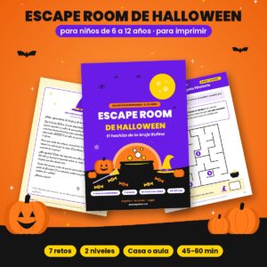 Escape room de Halloween para niños para imprimir: portada del PDF con la bruja Rufina