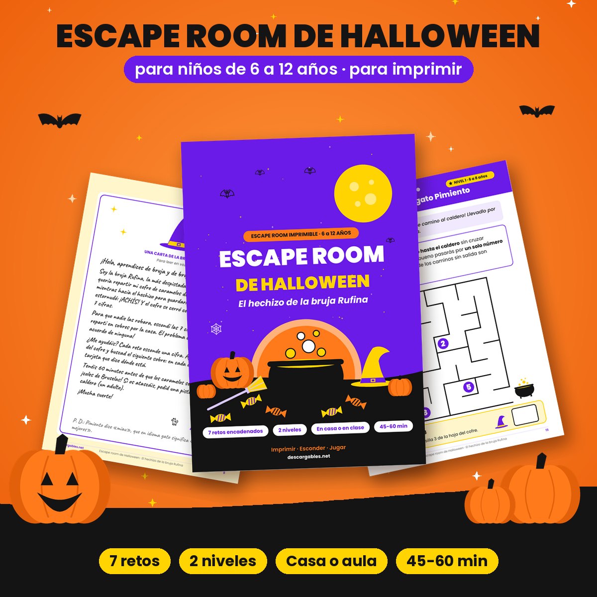 Escape room de Halloween para niños para imprimir: portada del PDF con la bruja Rufina