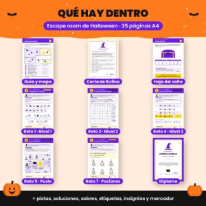 Escape room de Halloween para niños: qué incluye el PDF, guía, carta, retos, hoja del cofre y diploma