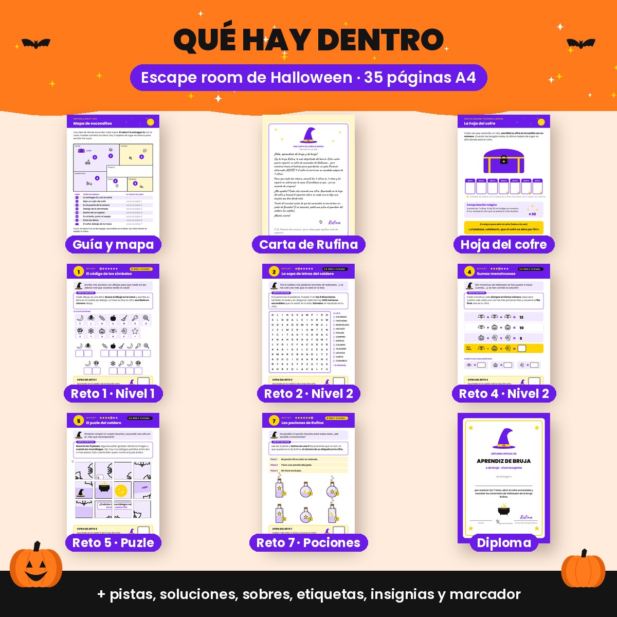 Escape room de Halloween para niños: qué incluye el PDF, guía, carta, retos, hoja del cofre y diploma