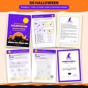 Escape room de Halloween para niños: vista previa del PDF, 6 páginas de muestra sin soluciones