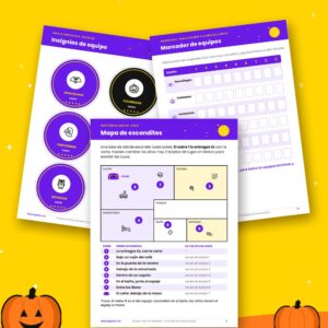 Escape room de Halloween para primaria en clase: insignias de equipo, marcador y mapa de escondites