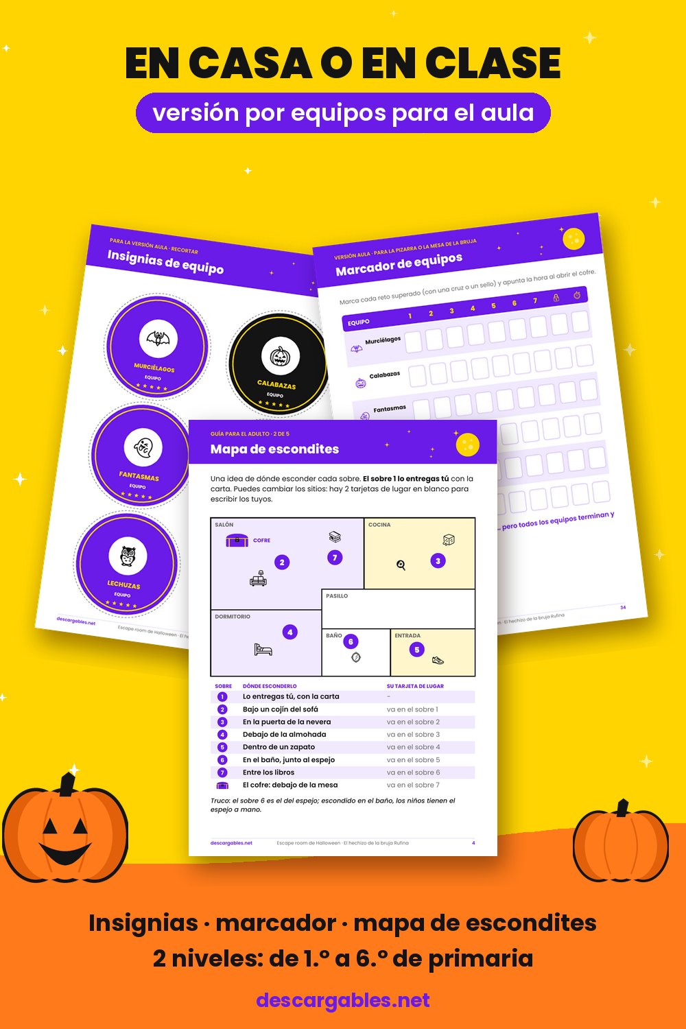 Escape room de Halloween para primaria en clase: insignias de equipo, marcador y mapa de escondites
