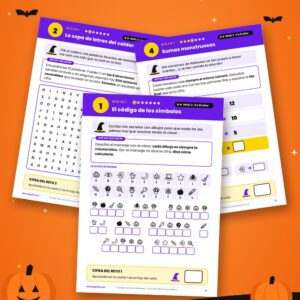 Retos del escape room de Halloween para imprimir: sopa de letras, mensaje del espejo y código de símbolos