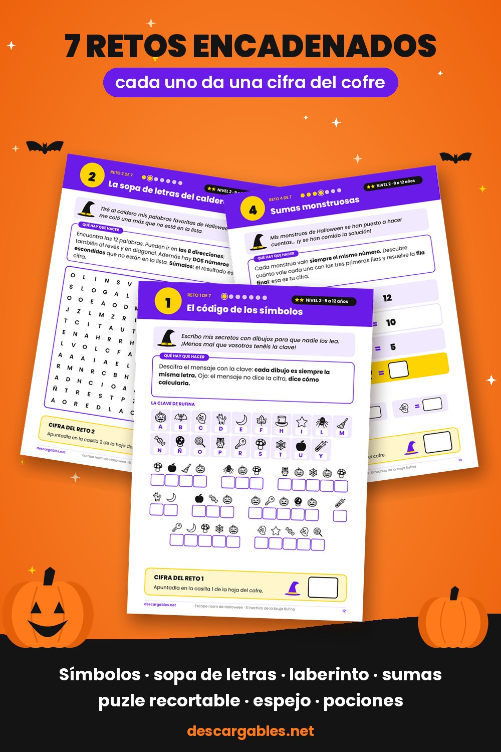 Retos del escape room de Halloween para imprimir: sopa de letras, mensaje del espejo y código de símbolos