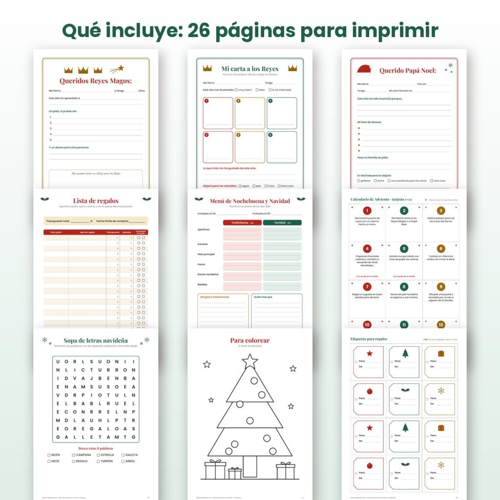 Imprimibles de Navidad del pack: cartas a los Reyes Magos y a Papá Noel, lista de regalos, menú, Adviento, laberinto y tarjetas