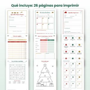 Imprimibles de Navidad del pack: cartas a los Reyes Magos y a Papá Noel, lista de regalos, menú, Adviento, laberinto y tarjetas