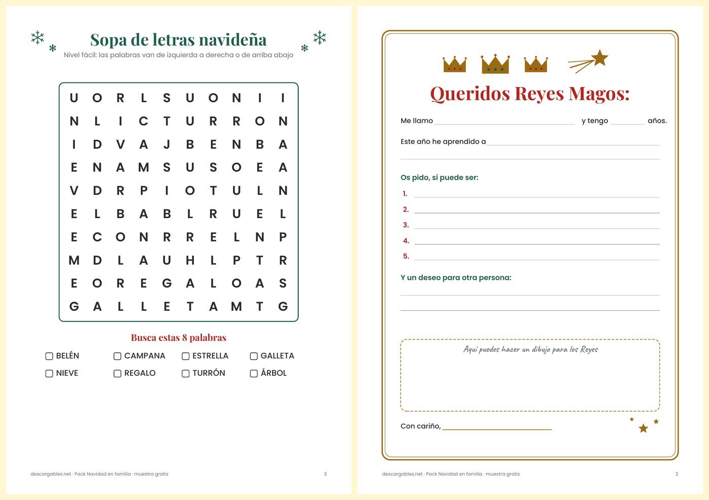 Juegos navideños para imprimir en familia: sopa de letras navideña y carta a los Reyes Magos