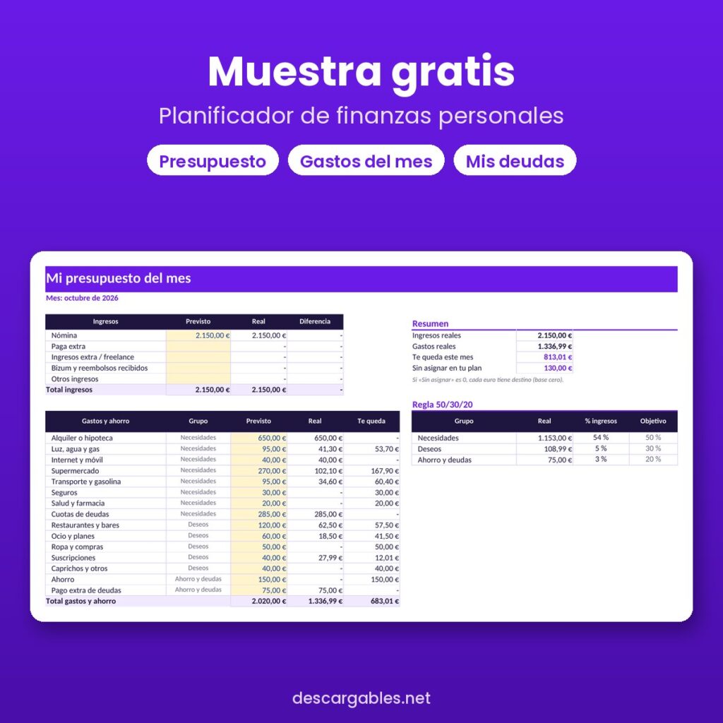 Muestra gratis del planificador de finanzas personales: presupuesto del mes, gastos y lista de deudas en Excel y Google Sheets