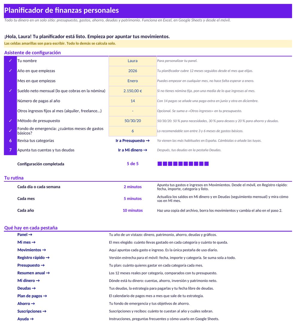 Plantilla de finanzas personales: asistente Empieza aquí en 5 pasos (nombre, mes de inicio, sueldo neto y pagas, método 50/30/20 y fondo de emergencia)