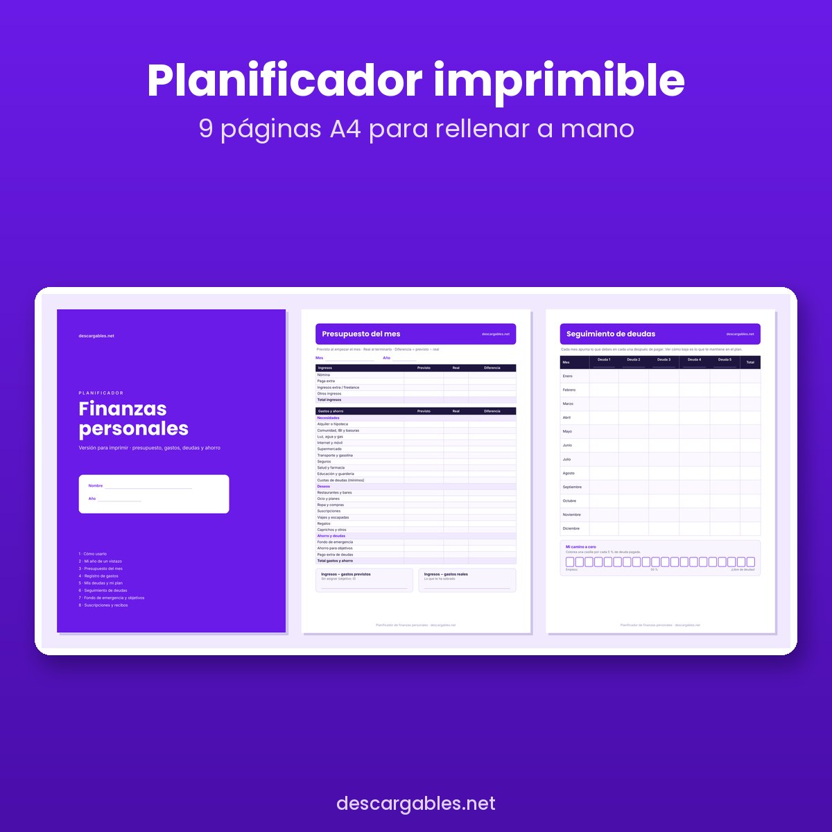 Planificador de finanzas personales imprimible en PDF A4: presupuesto, registro de gastos, deudas y ahorro