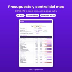 Plantilla de finanzas personales con presupuesto mensual 50/30/20 o base cero y resumen del mes