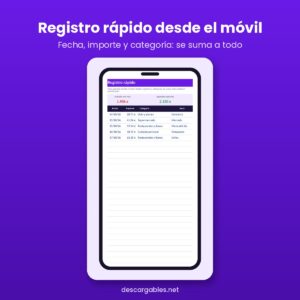 Plantilla de finanzas personales en el móvil: pestaña Registro rápido para apuntar fecha, importe y categoría